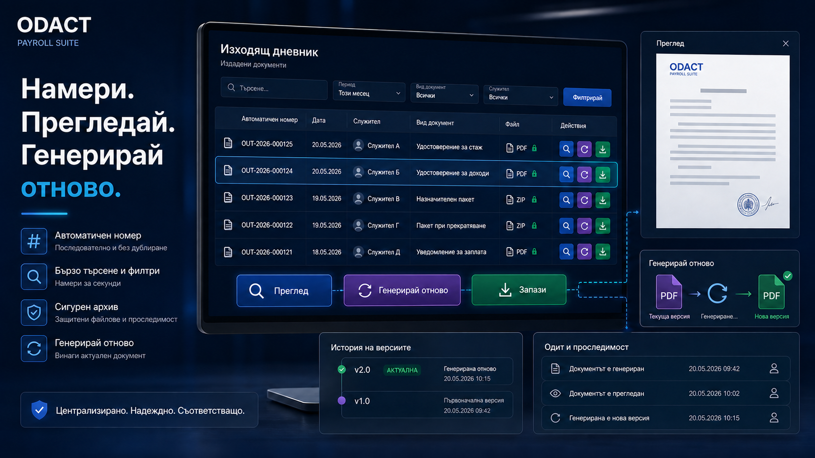 Изходящ дневник на издадените документи с уникални номера в ODACT PayrollSuite