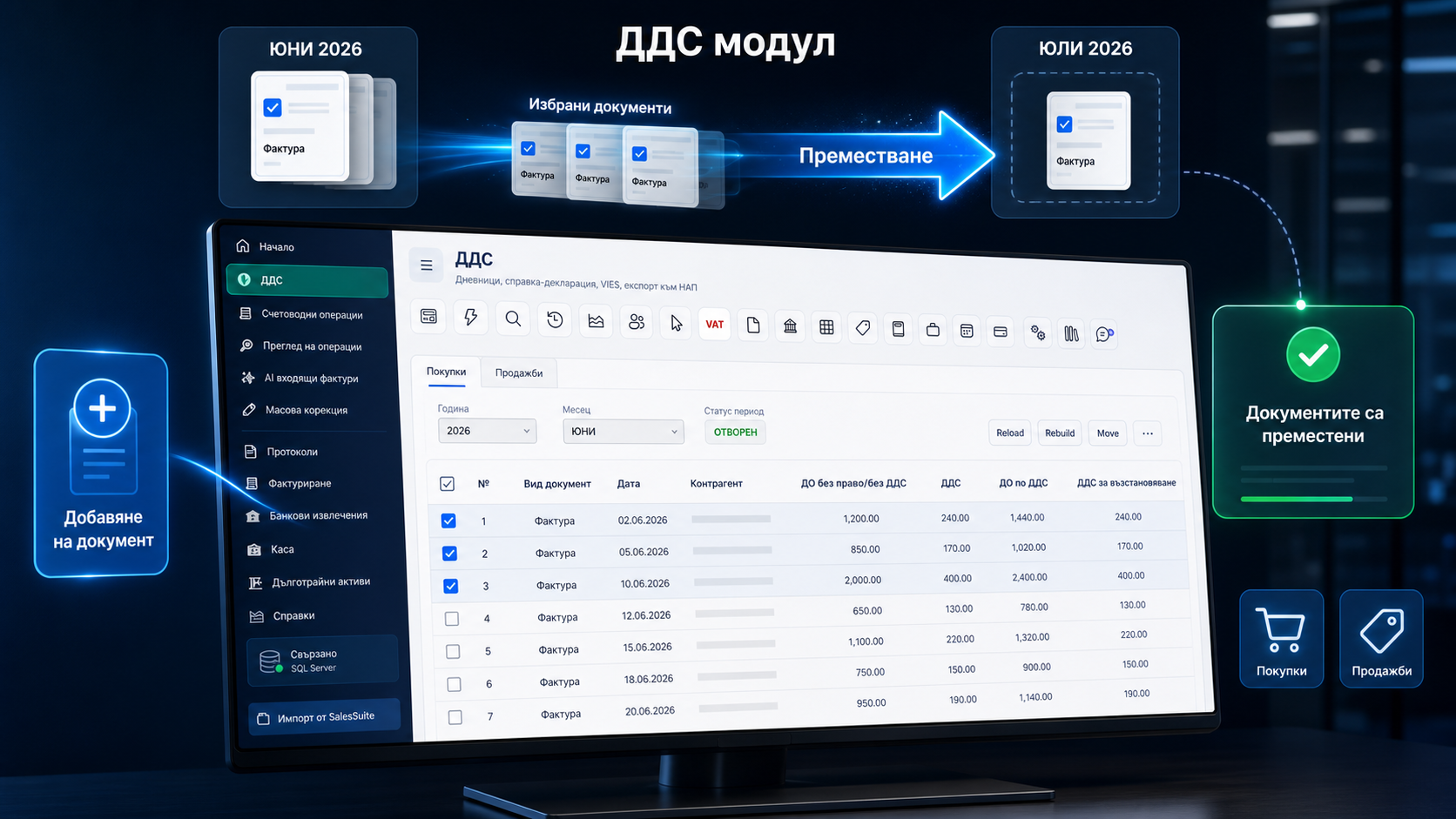Преместване на избрани документи между ДДС периоди в ODACT AccountingSuite